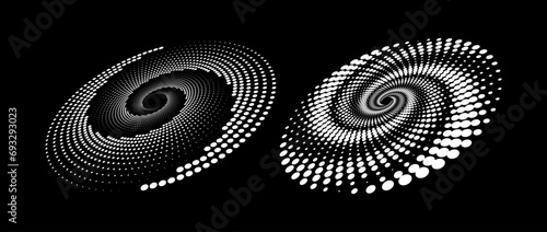 Halftone speed spiral set. White dynamic dotted lines in perspective. Radial dot swirl elements for logo, print, poster, template, icon, banner. Round technology illustration. Vector pair