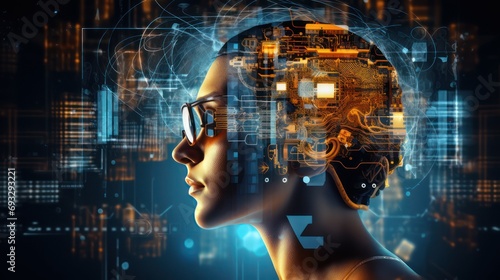 Women cyborg face with computer technology hologram head illustration future artificial intellegence. photo
