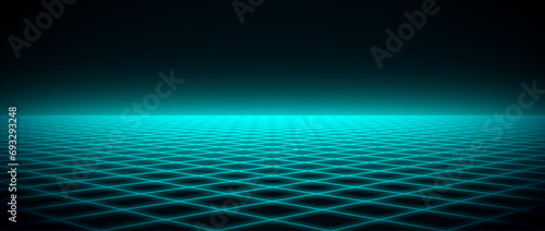Glowing neon wireframe horizon background. Light green blue grid room floor in perspective. Bright retro futuristic wallpaper. Abstract checkered plane landscape. Game cyber surface. Vector backdrop