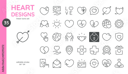 Love and Charity Icon Set: Heart, Care, Support and Family Symbols. Editable Vector Pictograms of Health Care, Wedding, and Partnership. Linear, Simple Designs for Valentine's Day, Like Buttons, More.