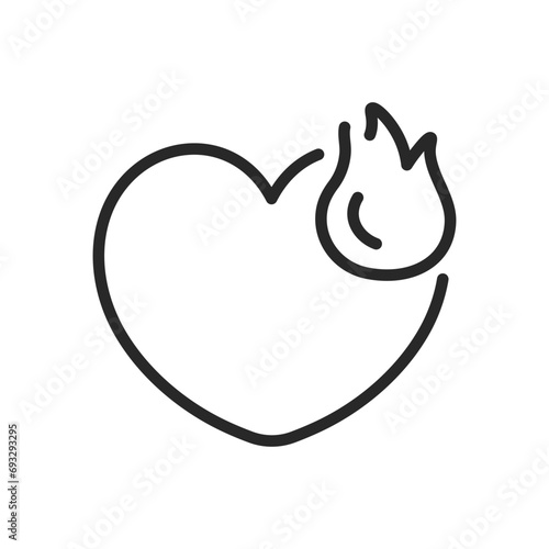 Heart in Fire Icon - Linear Vector Blazing Love Pictogram, Passionate Flame Isolated Design, Burning Desire Emblem for Intense Romance and Valentine's Day. 