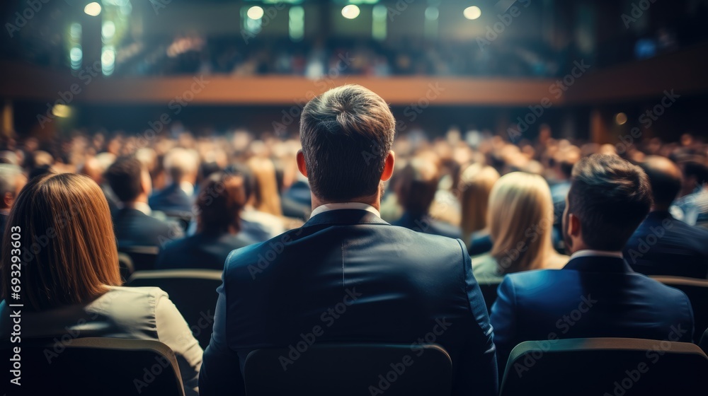 Group People in audience at the conference hall, Speaker giving a talk in conference hall at business event, Business and entrepreneurship concept. Generative AI. Group People in audience at the conference hall, Speaker giving a talk in conference hall at business event, Business and entrepreneurship concept. Generative AI.
