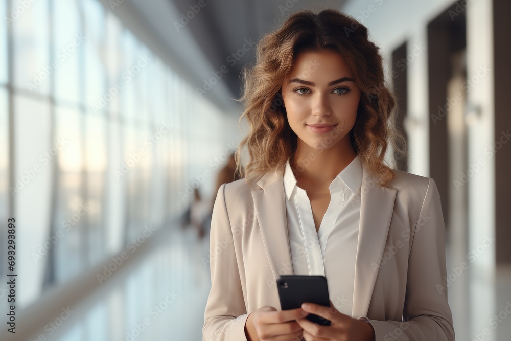 Portrait of beautiful woman looking her smartphone standing on a white soft light environment during the daytime. Generative AI. Portrait of beautiful woman looking her smartphone standing on a white soft light environment during the daytime. Generative AI.