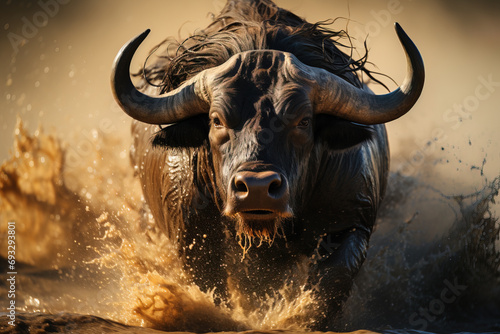 An African buffalo charges powerfully through the dust, its intense gaze and determined action captured in a dynamic close-up during golden hour. photo