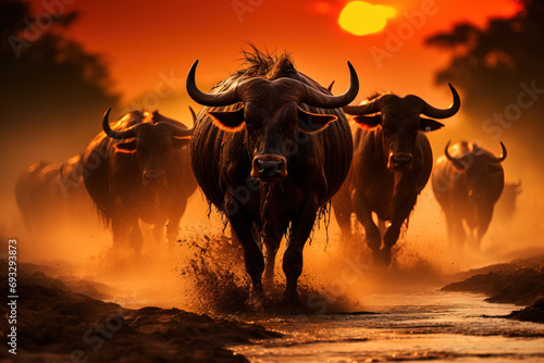 A herd of African buffaloes stampeding towards the camera in a cloud of dust at sunset, exuding power and wild energy. photo