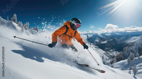 A young person skiing at a ski resort. Generative AI. © visoot