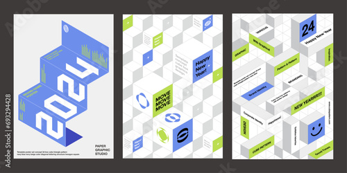 Template poster design set concept 3d box cube pattern navy blue ivory beige color diagonal lettering structure hexagon triangle square texture origami diamond rhombus layout creative business