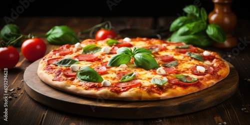 Delicious pizza with basil and tomato sauce on wooden table in kitchen.