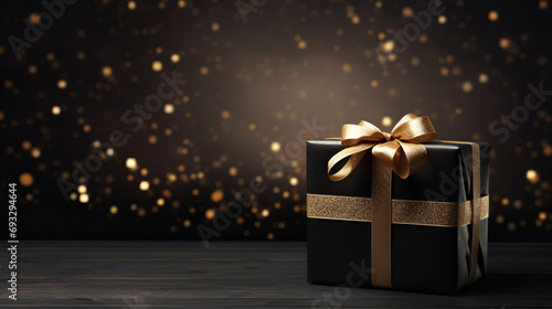 The Opulent Elegance Unwrapping the Luxury of a Black Gift Box Adorned with a Golden Ribbon Gilded Sophistication A Celebration Unveiled in Exquisite Black Gift Box and Glimmering Gold generative AI