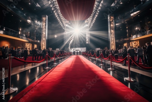 Red carpets, lights left and right of the carpet, And photographers with cameras taking pictures of famous men and women. Generative AI. photo
