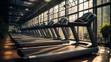 Gym treadmills at a high standard gym. Generative AI.
