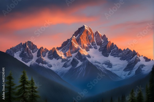 Majestic mountain peaks kissed by the first light of dawn, painted in a palette of soft pastels.