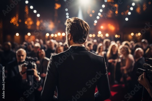 A showbiz star with a lot of good things to say was interviewed on the red carpet, Surrounded by flashing photographic lights. Generative AI. photo