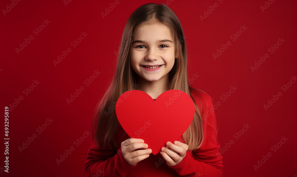 A little girl holding a heart with a smiling gaze towards the camera, gray background, banner, Valentine's Day, Mother's Day A little girl holding a heart with a smiling gaze towards the camera, gray background, banner, Valentine's Day, Mother's Day
