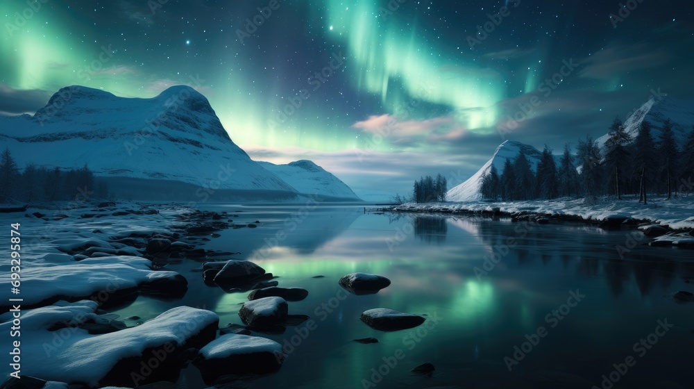 A mystical northern polar night over a fjord with polar lights above a forest. Generative AI.