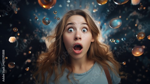 Depicting feelings of excitement, shock, surprise. Young girl standing on a dark background. Female facial expressions and emotion body language concept.