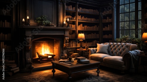 Dark room with fireplace and books. Generative AI. photo