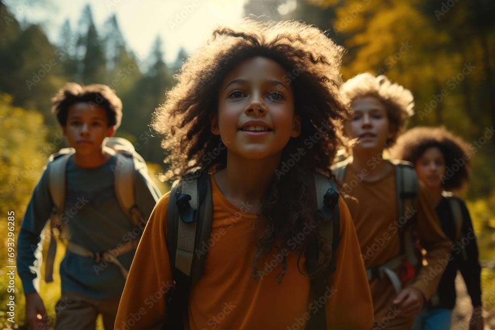A diverse group of four happy kids walking through the forest. Generative AI. A diverse group of four happy kids walking through the forest. Generative AI.