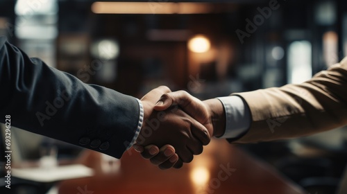 Close-up Office workers giving handshake on partnership. Generative AI.