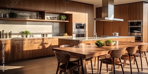Contemporary kitchen with wood furnishings.