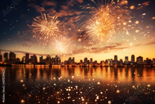 Golden colored background with colorful fireworks in the background, Fireworks over the city. Generative AI.