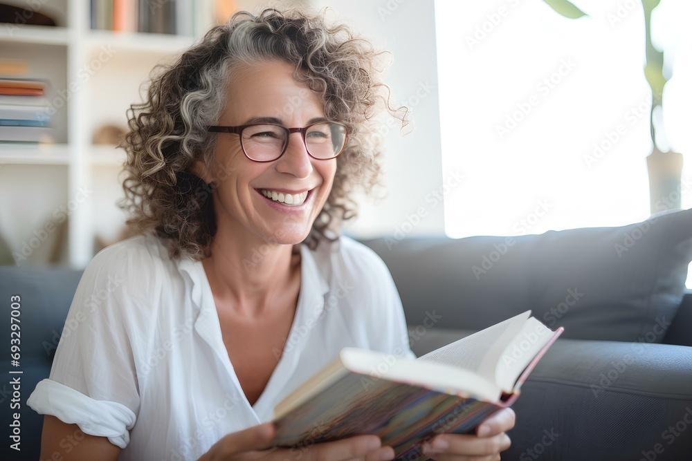 a middle-aged woman reading a book in a sunlit living room, smiling. generative AI a middle-aged woman reading a book in a sunlit living room, smiling. generative AI