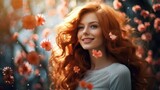 Sensual red-haired girl with flowing hair in flowers enjoys the coming spring