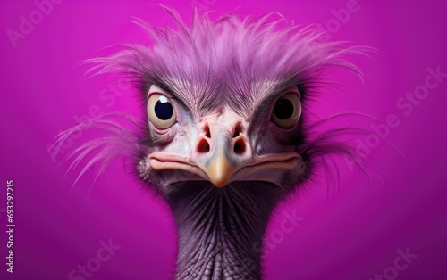 An ostrich with a purple background. Generative AI.