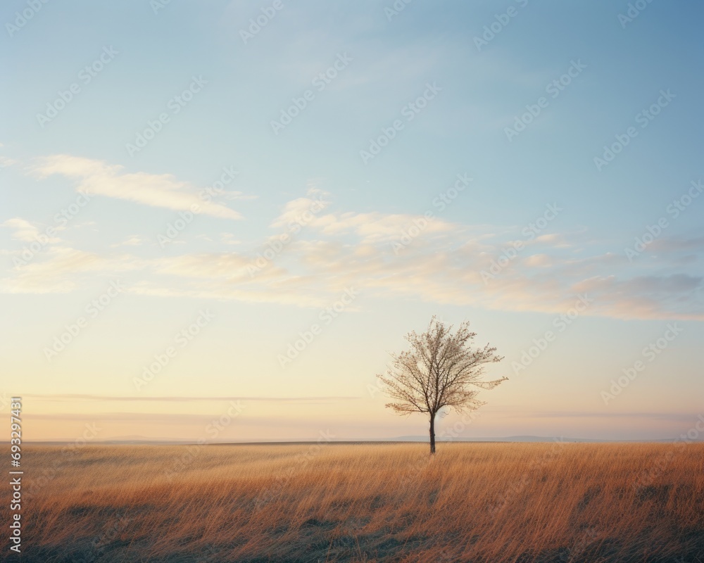 Fototapeta premium A lone tree stands in a field at sunset. Generative AI.