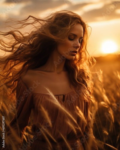 A beautiful woman in a field with her hair blowing in the wind. Generative AI.