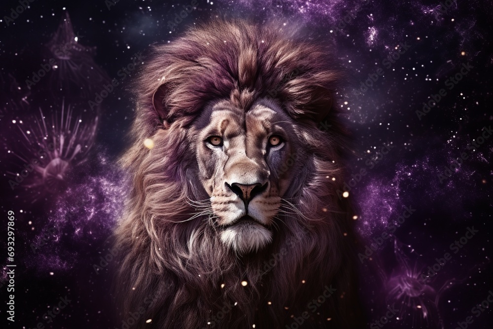 Leo zodiac sign, lion astrological design, astrology horoscope symbol of July August month background with cosmic animal head in a purple mystic constellation