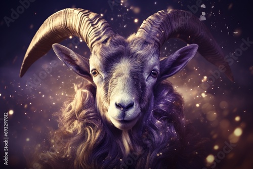 Capricorn zodiac sign, ram astrological design, astrology horoscope symbol of december january month background with cosmic animal head in a purple mystic constellation photo