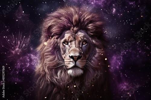 Leo zodiac sign  lion astrological design  astrology horoscope symbol of July August month background with cosmic animal head in a purple mystic constellation