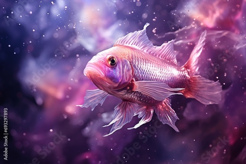 Pisces zodiac sign, fish astrological design, astrology horoscope symbol of February March month background with cosmic animal in a purple mystic constellation photo