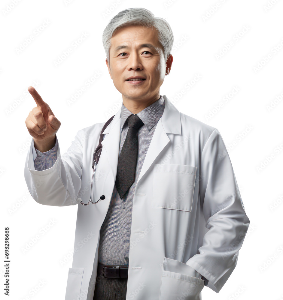 切り抜き人物:指さしをする医師。55 year old handsome Asian male doctor. He is wearing a white coat and pointing his finger. 切り抜き人物:指さしをする医師。55 year old handsome Asian male doctor. He is wearing a white coat and pointing his finger.