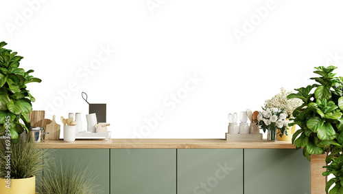 Fototapeta Naklejka Na Ścianę i Meble -  Green kitchen room and minimalist interior design on transparent background.3d rendering