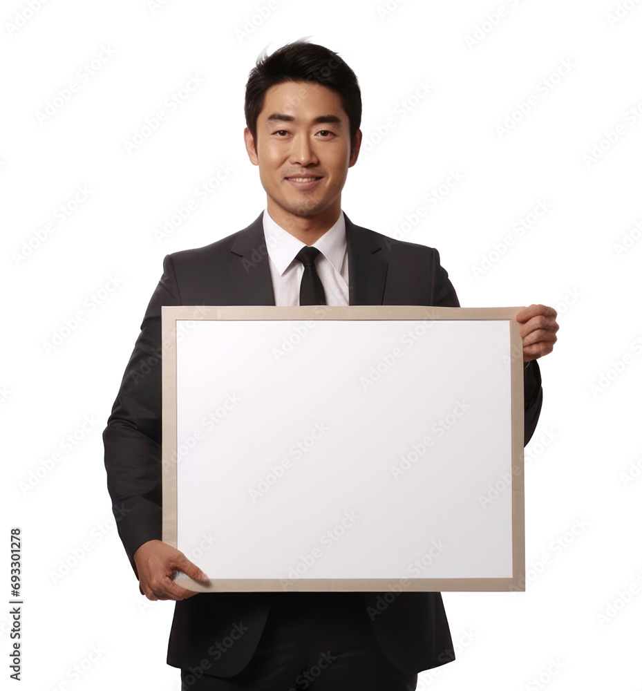 ホワイトボードを持つ人 A 25-year-old Japanese man. A businessman is holding a white signboard, a white board. copy space.Generative AI ホワイトボードを持つ人 A 25-year-old Japanese man. A businessman is holding a white signboard, a white board. copy space.Generative AI