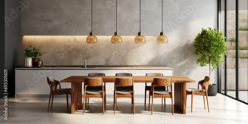 Luxury background featuring modern wood dining table, marble island, cushion chair, pendant light, kitchen counter, cabinet, and polished cement floor.