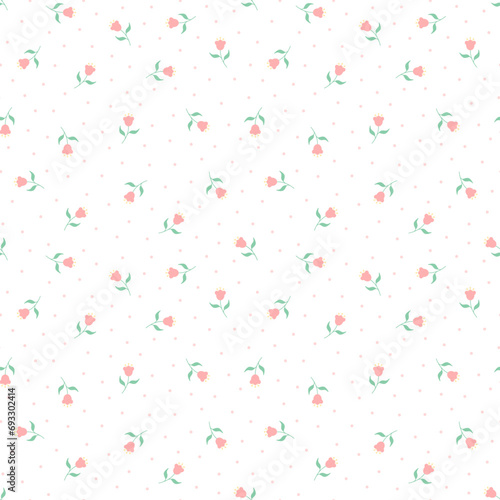 Cute pink flower seamless pattern vector. Beautiful minimal floral pattern. Pink flower, green leaf, yellow pollen and dots. Design for fabric, textile, dress, skirt, shirt, scarf, kid cloth, card. © Ladawan
