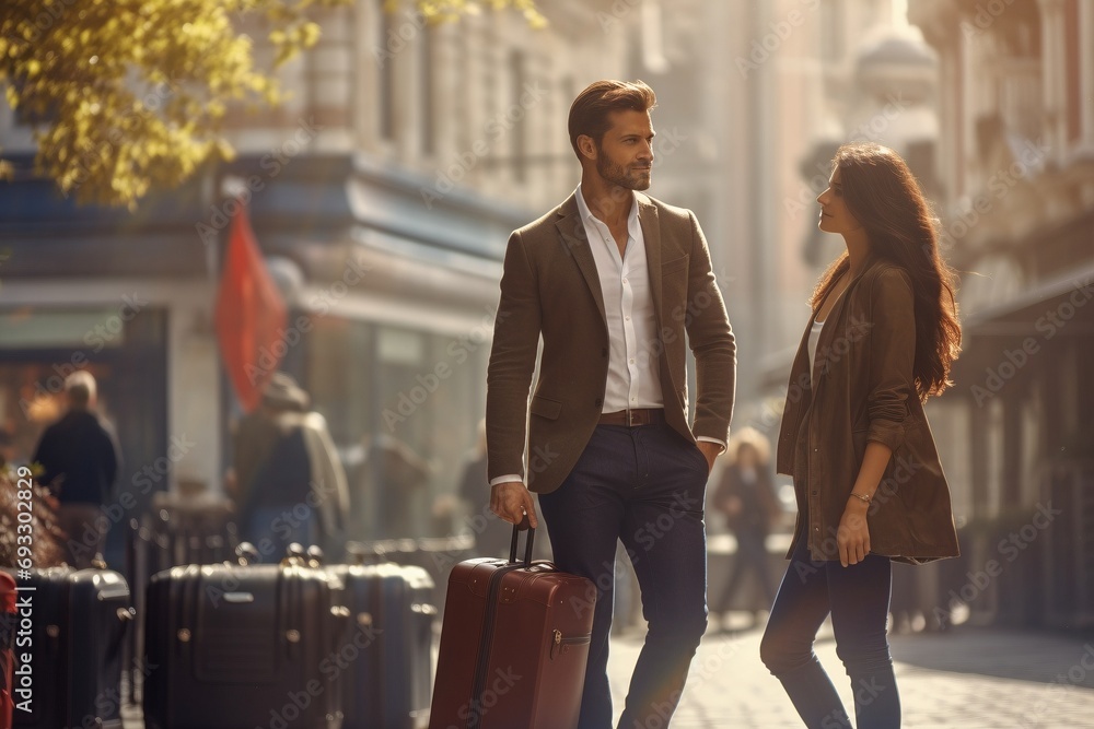 Elegante pareja caminando con maletas por una calle soleada, evocando un viaje urbano y romance - obrazy, fototapety, plakaty 