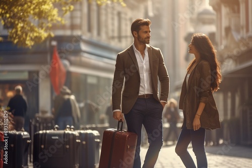 Elegante pareja caminando con maletas por una calle soleada, evocando un viaje urbano y romance
