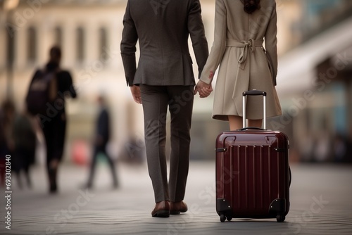 Una pareja de espaldas camina tomados de la mano con una maleta, simbolizando viaje y compañía photo