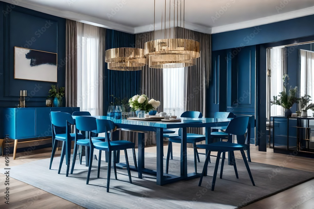 Dining room interior design in a contemporary, light-filled apartment with a blue table and chairs.