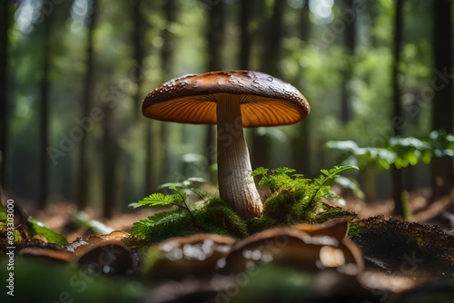 Boletus Mushroom amid a rainy, sunny woodland. Boletus is a genus of fungi that produces more than 100 kinds of mushrooms.