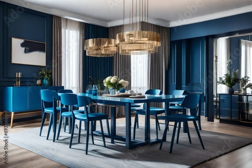 Dining room interior design in a contemporary, light-filled apartment with a blue table and chairs.