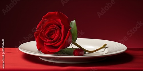 Heart-shaped plate and rose on red background