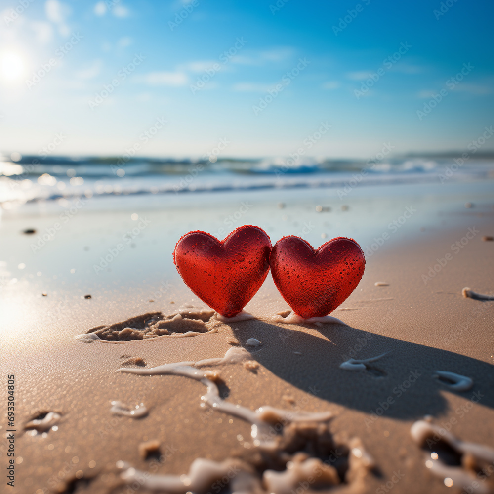 two red hearts on the sand against the background of the ocean on a sunny day two red hearts on the sand against the background of the ocean on a sunny day