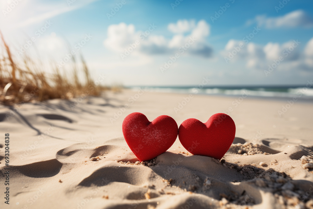 two red hearts on the sand against the background of the ocean on a sunny day two red hearts on the sand against the background of the ocean on a sunny day