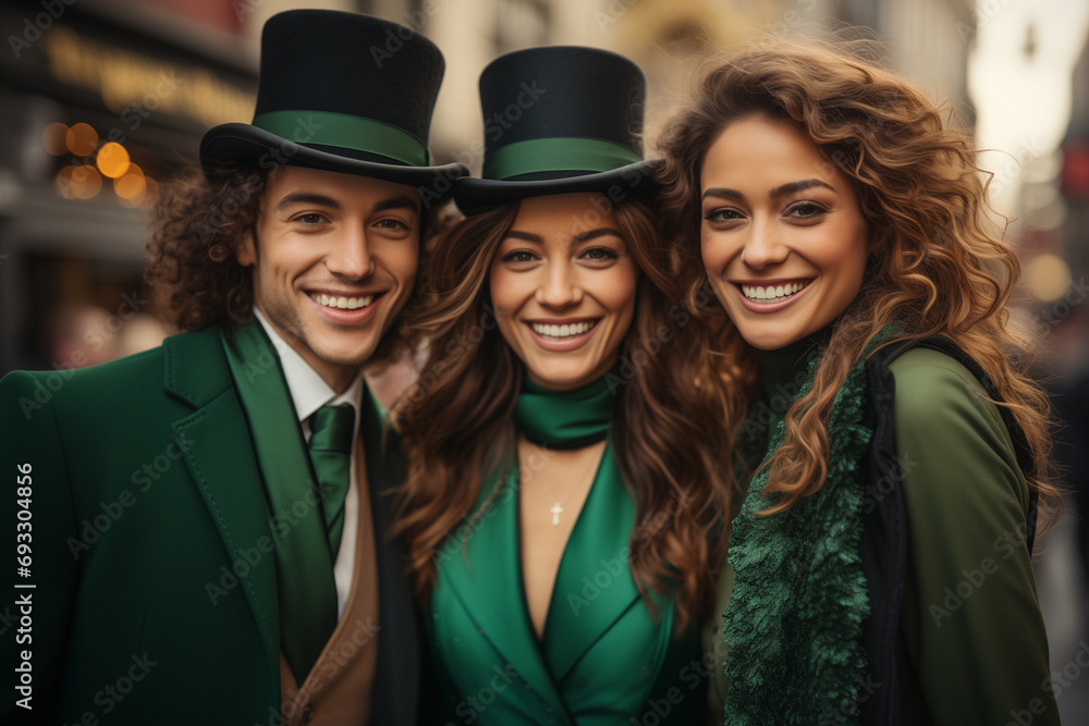 smiling young people in green St. Patrick's top hats celebrating St. Patrick's Day smiling young people in green St. Patrick's top hats celebrating St. Patrick's Day