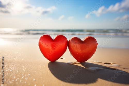 two red hearts on the sand against the background of the ocean on a sunny day